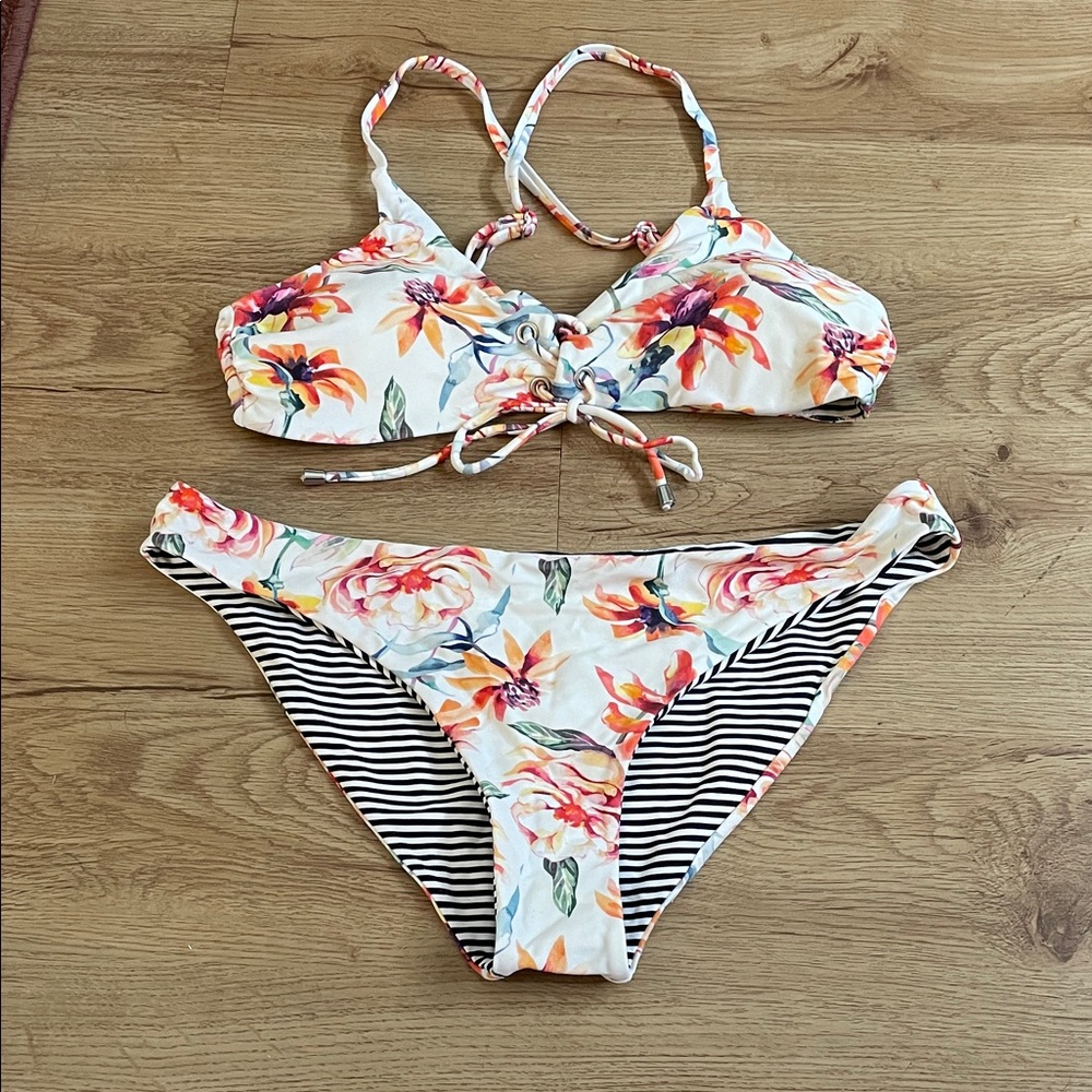 Floral Lace-Up Bikini Set - White with Multicolor Flowers